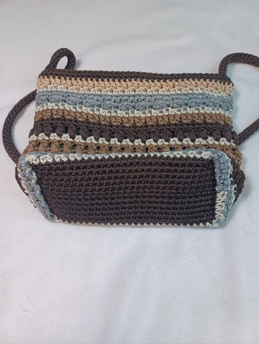 the sak striped crochet knit crossbody shoulder bag brown blue neutral zip